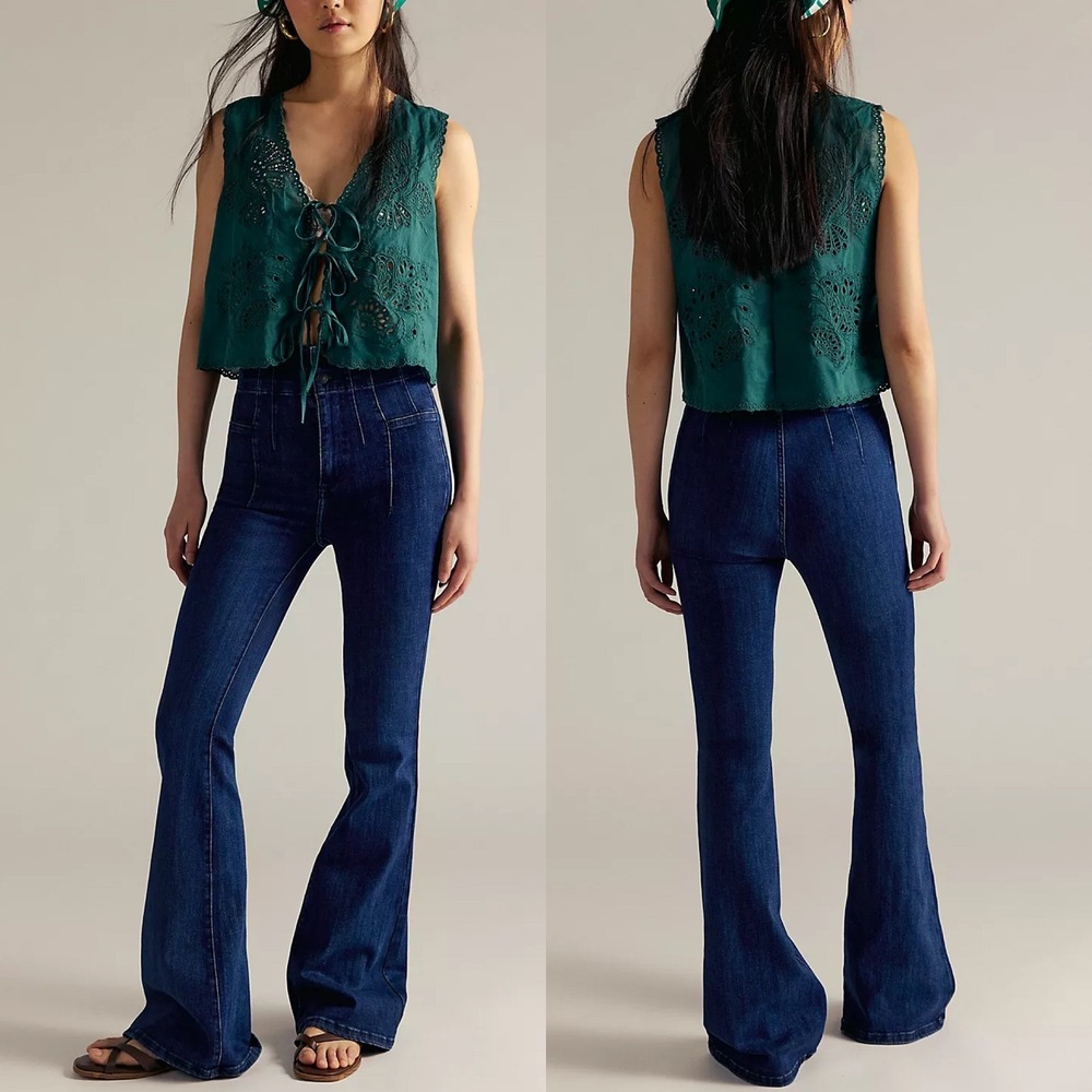 Free People Jayde High Rise Flare Jeans Dark Blueโ Retro 70s Womens Size 28 NEW